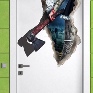 Halloween 3D bloody axe through wall sticker with cemetery background for home decor