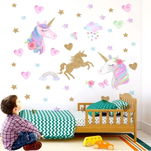 Stickers muraux licorne aquarelle avec étoiles dorées pour décor de chambre d'enfant