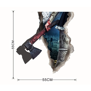 3D Halloween wall sticker with bloody hand holding axe in broken wall, 55x55cm size