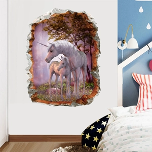 3D cartoon unicorn wall sticker for kids room decoration with dream forest scenery