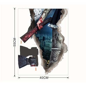 Detail showing 55x40cm 3D Halloween wall decal with bloody axe and graveyard scene