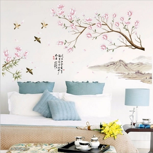 Pink peach blossom wall decals with birds and ink landscape painting for bedroom decor