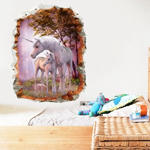 3D unicorn wall sticker with forest scene for children's bedroom decor