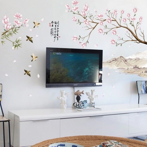 Chinese style peach blossom wall sticker with pink magnolia branches and birds for living room