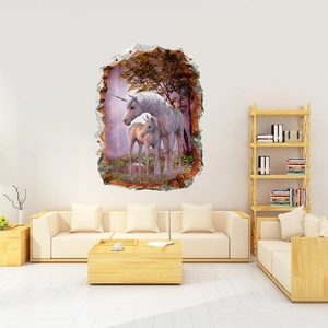 Detailed 3D unicorn wall sticker with purple dream forest design on a living room wall