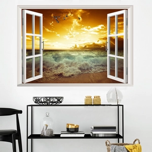 3D ocean sunset window view wall sticker for living room decor with beach scenery