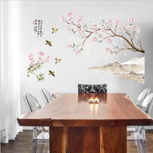 Elegant Chinese ink peach blossom wall sticker with birds and misty mountain scenery