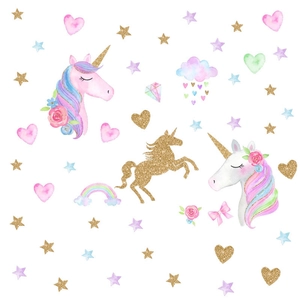 Détail d'autocollants muraux licorne avec des étoiles dorées et des arcs-en-ciel colorés
