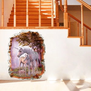 Detailed 3D unicorn wall sticker with forest broken wall design for kids room decoration