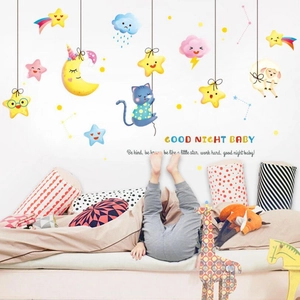 Cartoon Moon Star Cat Sheep Wall Sticker PVC Waterproof Decal For Kids Room Nursery Bedroom Good Night Baby Decor