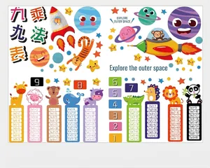 Space-themed multiplication table wall sticker for kids featuring cartoon animals and rockets