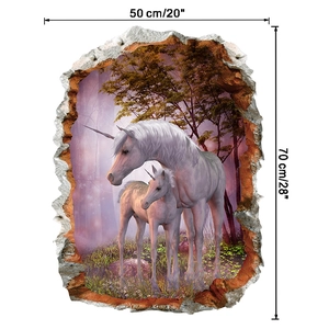 Detail showing 50x70cm dimensions for 3D cartoon unicorn forest scene wall sticker