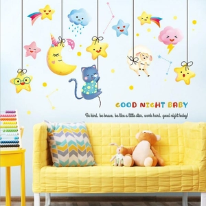 Cartoon moon and stars wall stickers with Good Night Baby text for kids bedroom