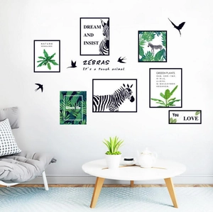 Modern Zebra and Green Plant Wall Stickers with Nordic Style Photo Frame Design