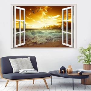 3D ocean sunset faux window wall sticker with scenic beach view and golden sunset light