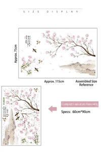 Chinese style peach blossom and bird wall stickers with mountain background for decor