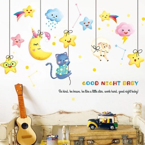 Starry moon and sleeping cat wall stickers for children's bedroom decor