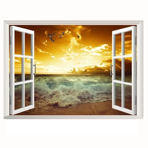 3D ocean sunset wall sticker with white window frame design and flying birds scenery