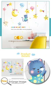 Detail view of cartoon moon and cat wall stickers with Good Night Baby text for kids room