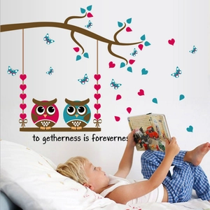 Cartoon Owl Tree Branch Wall Sticker With Hearts Butterfly Removable PVC Mural For Kids Room Nursery Bedroom Decor
