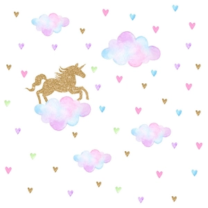 Détail de licorne dorée peinte à la main avec nuages aquarelles pour décoration murale