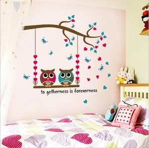 Cartoon owl wall sticker with togetherness is foreverness text for kids room decor