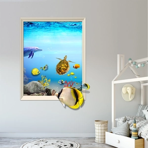 3D ocean world wall sticker with dolphins and sea turtles in a faux window frame design