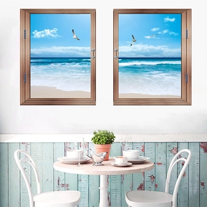 3D ocean beach faux window wall sticker with seagulls and blue sky for living room decor