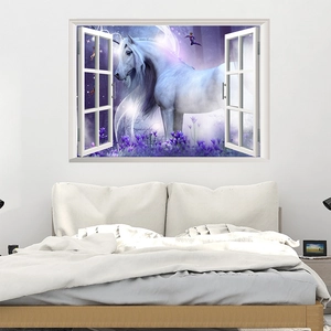 3D window wall sticker with unicorn and purple forest for bedroom wall decor