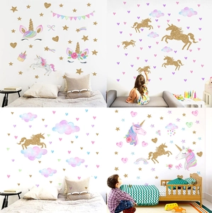 Stickers Muraux Licorne Dessin Animé Paillettes Dorées PVC Imperméable Arc-en-ciel Étoile Coeur Décoration Pour Chambre D'enfant