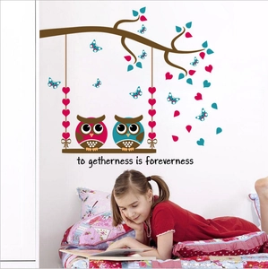 Cartoon owls on a branch wall sticker with togetherness quote for kids room decor