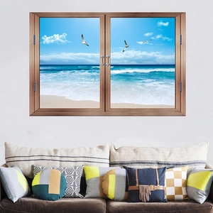 Realistic 3D window wall sticker showing ocean beach and seagulls above a brown sofa