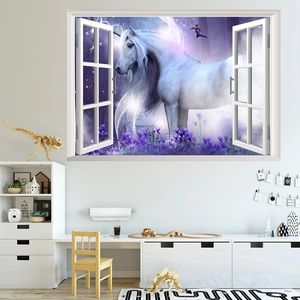 3D window wall sticker featuring a fantasy white unicorn in a dreamy purple forest