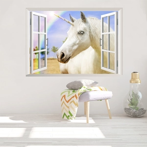 Detailed view of 3D window wall sticker with white unicorn and rainbow in kids bedroom