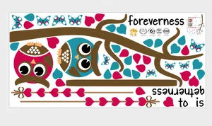 Cartoon owl wall decals with tree branches and hearts for nursery room decor