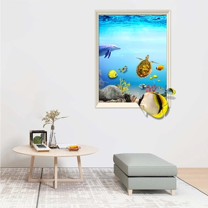 3D ocean world dolphin wall sticker mural for living room with tropical fish and coral