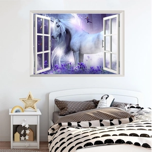 3D faux window wall sticker with a dreamlike white unicorn in a purple forest setting