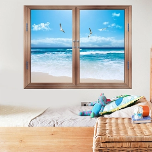 Detailed 3D wall sticker featuring a tropical beach view through a faux wooden window frame