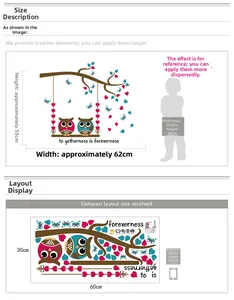 Detail view of cartoon owl wall stickers with layout dimensions and product scale reference