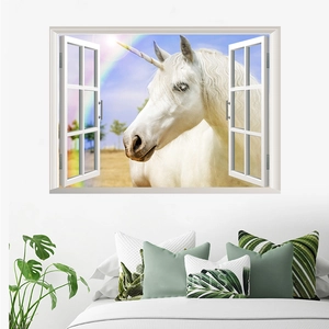 3D rainbow unicorn wall sticker with magical window view for kids bedroom decor