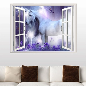 Detail of 3D window wall sticker featuring a fantasy white unicorn in a purple forest
