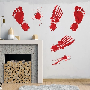 Detailed Halloween wall stickers featuring realistic red blood handprints and bloody footprints