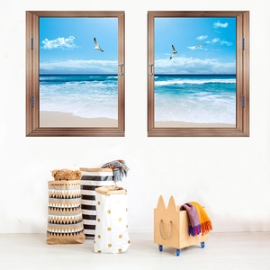 3D ocean beach faux window wall sticker with flying seagulls and brown wood frame