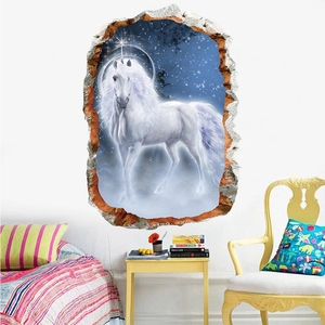 3D broken wall effect wall sticker with magical white unicorn for kids room decor