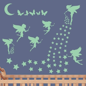 Glow in the dark wall stickers featuring fairies stars and moon for children room decor