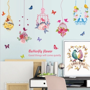 Modern floral birdcage and butterfly wall stickers for living room and hallway decoration