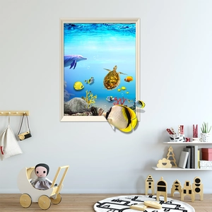 Detailed 3D wall sticker featuring a dolphin and sea turtle through a faux window view