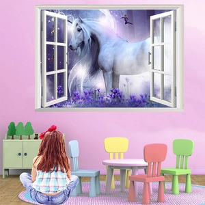 3D Fake Window Unicorn Wall Sticker Dreamy Fantasy Purple Forest Flower Field Waterproof PVC Wall Decal For Kids Bedroom