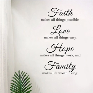 Dettaglio dell'adesivo murale Faith Love Family con citazioni su una parete bianca