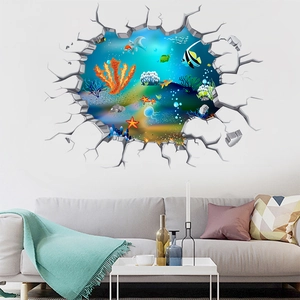 3D Wandtattoo Ozeanwelt mit tropischen Fischen und Korallen durch gebrochene Wand